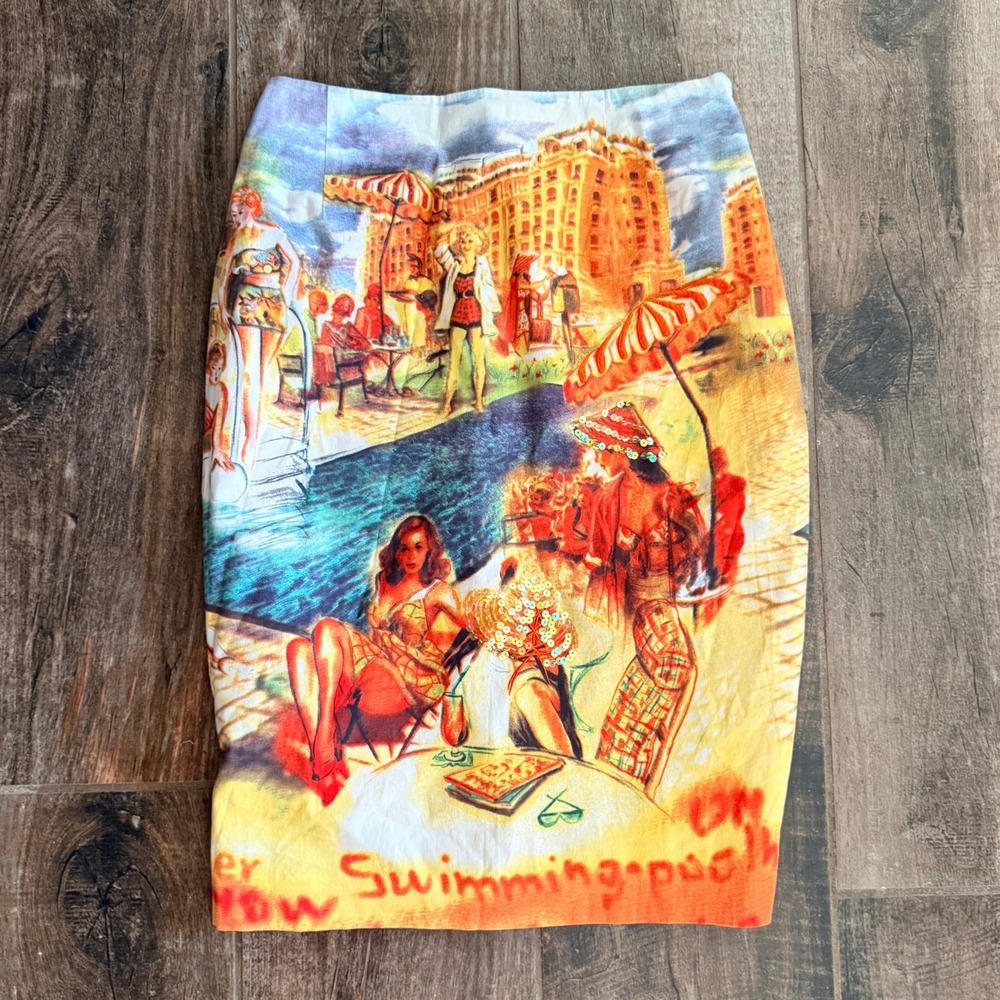 Silk Club Vintage Embellished Resort Print High Waist Pencil Skirt,Mulit,XS